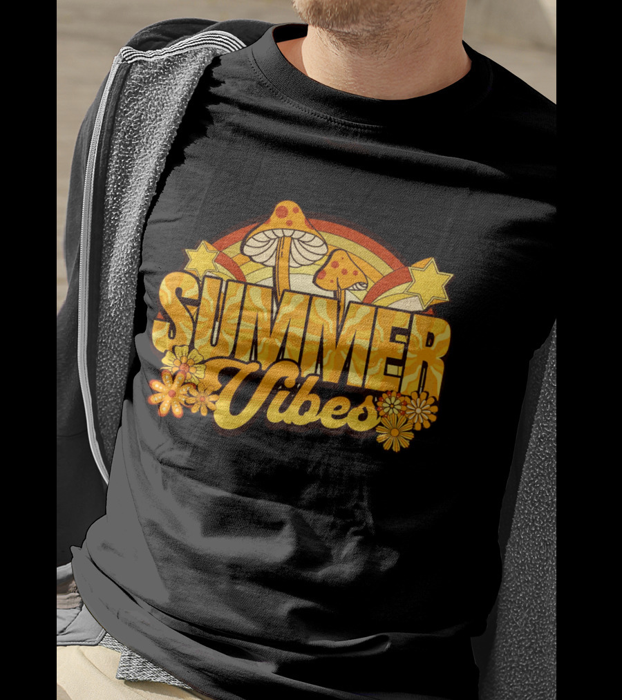 Summer Vibes Groovy Hippie Mushrooms And Flowers Retro Starburst T-Shirt