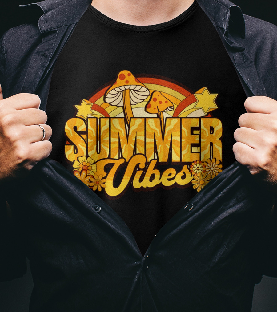 Summer Vibes Groovy Hippie Mushrooms And Flowers Retro Starburst T-Shirt