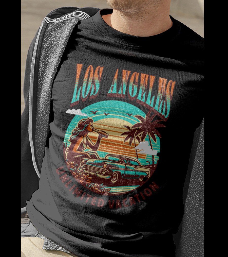 Los Angeles Unlimited Vacation Classic Car Palm Trees Sunset Vibes T-Shirt