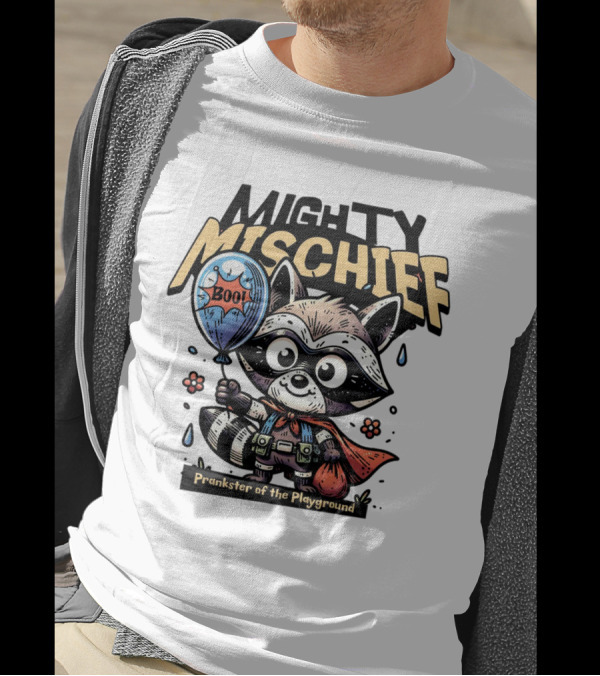 Mighty Mischief Raccoon With Boo Balloon Prankster Of The Playground T-Shirt