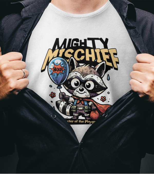Mighty Mischief Raccoon With Boo Balloon Prankster Of The Playground T-Shirt