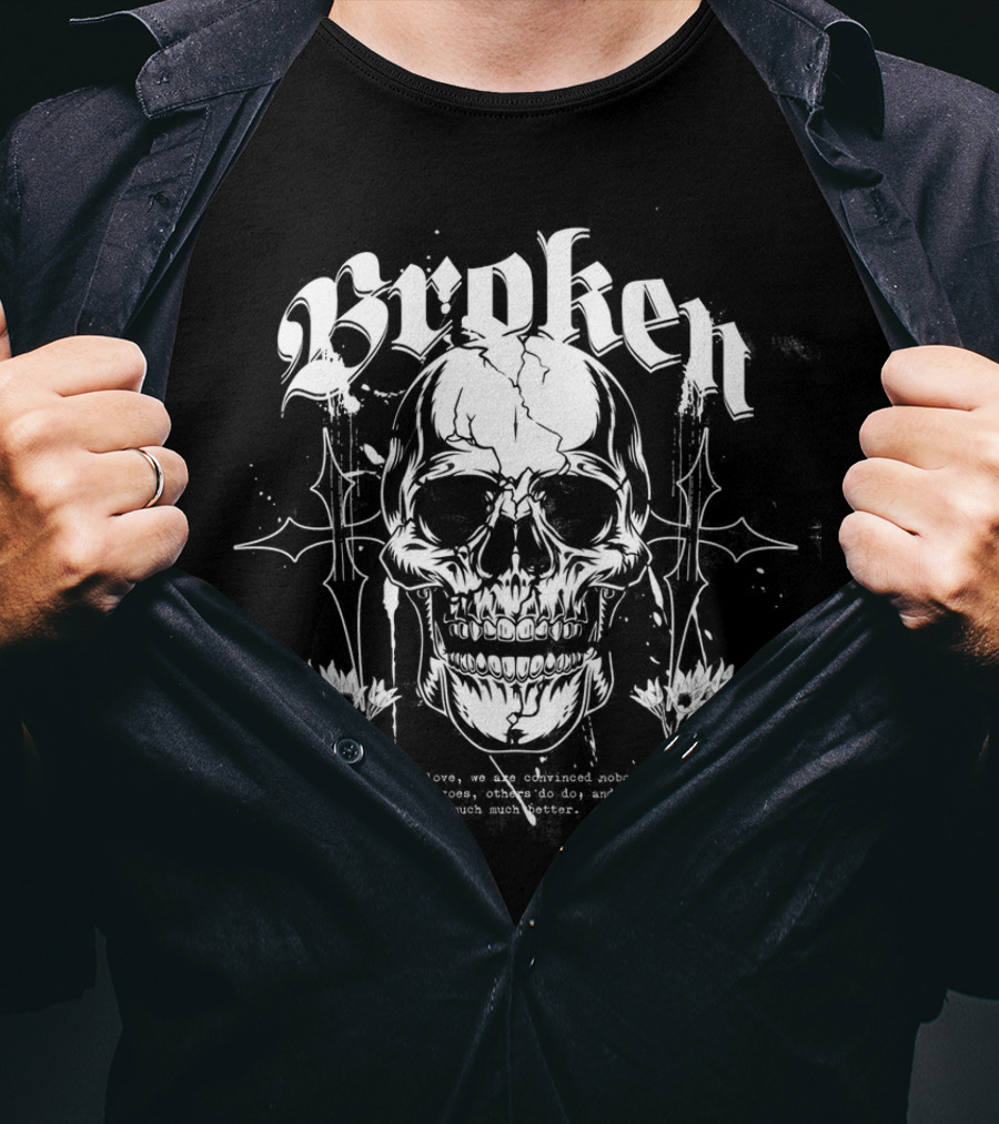 Broken Skull With Gothic Text And Crosses T-Shirt