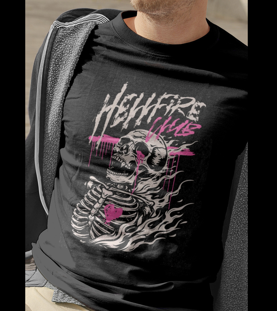 Hellfire Club Skeleton With Flames And Pink Heart Accents T-Shirt