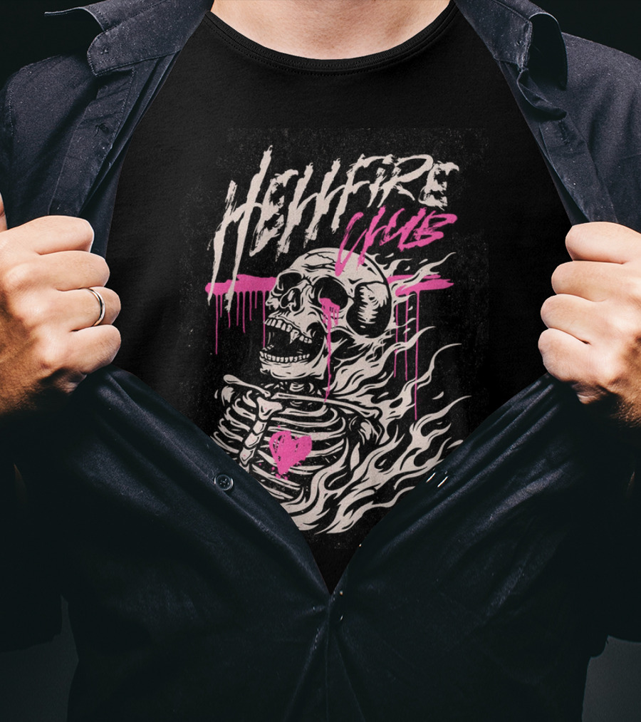 Hellfire Club Skeleton With Flames And Pink Heart Accents T-Shirt