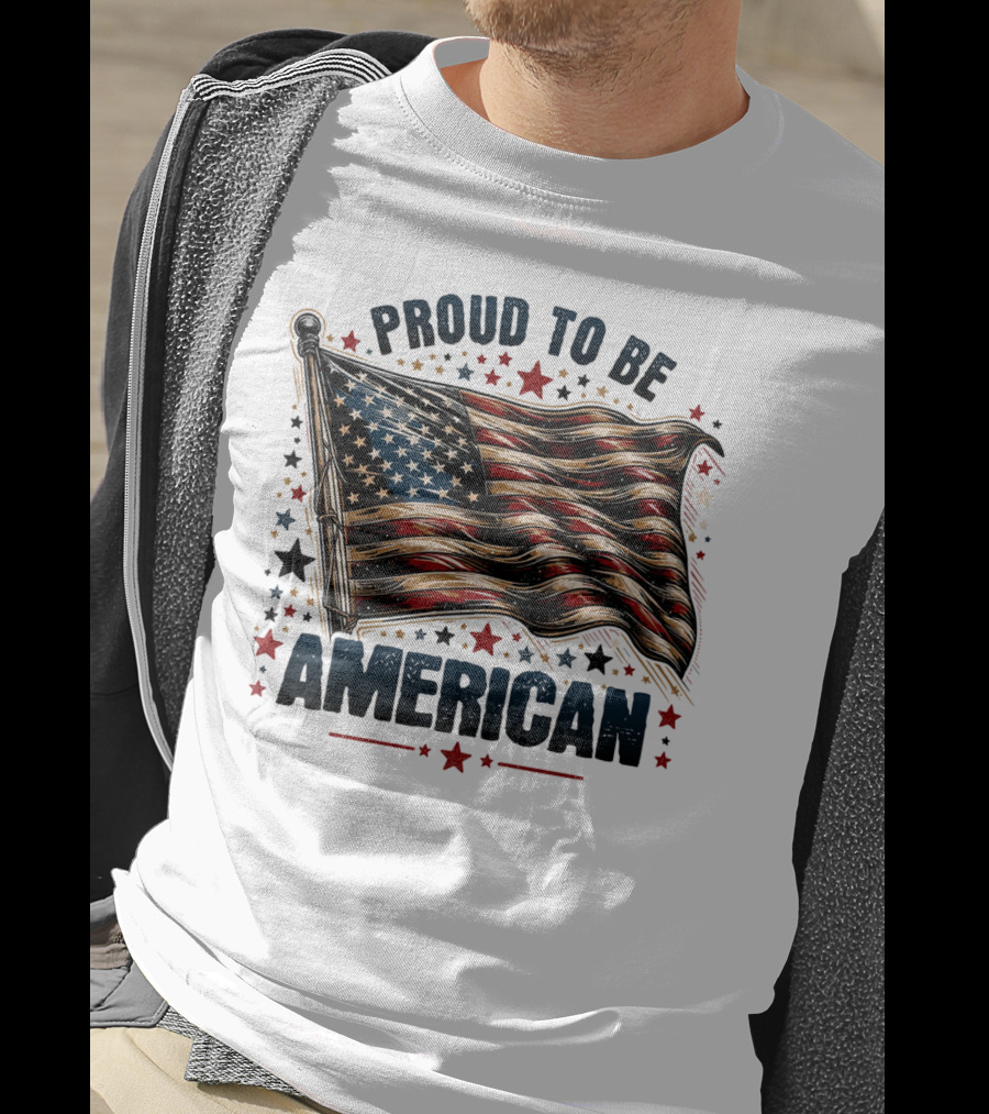 Proud To Be American Waving Stars And Stripes Surrounded By Red And Black Stars T-Shirt