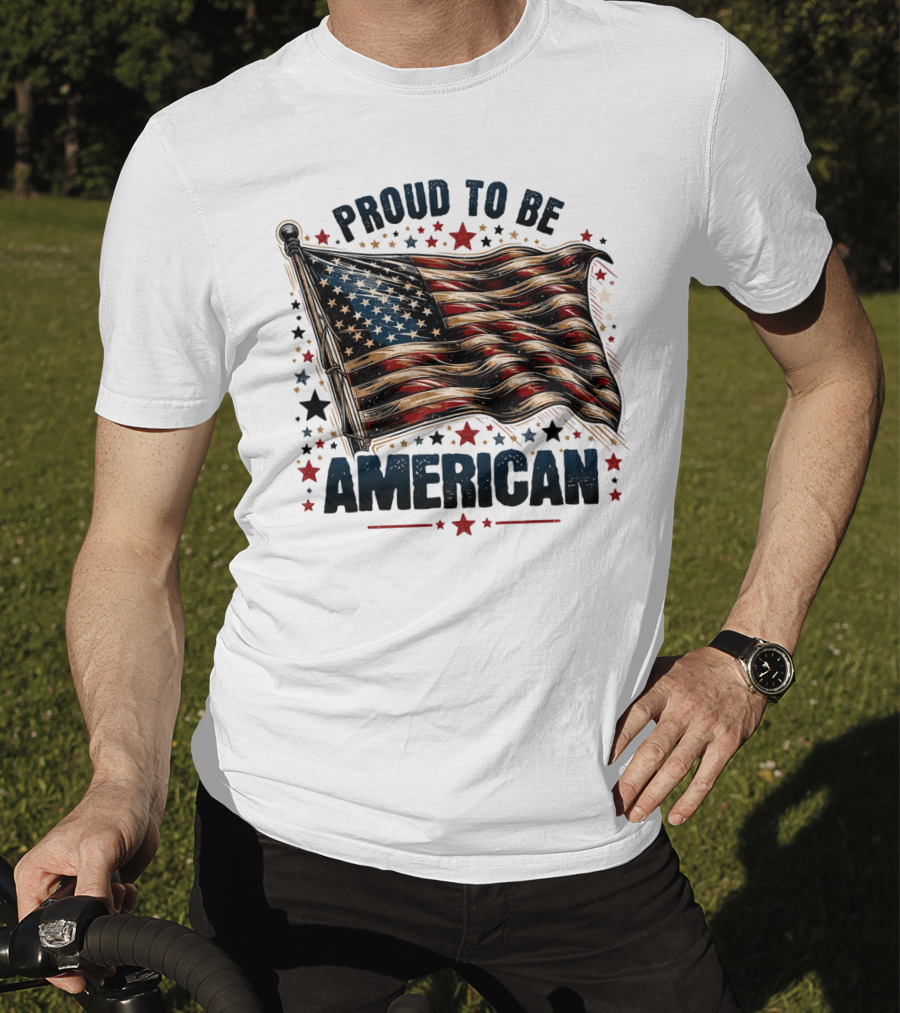 Proud To Be American Waving Stars And Stripes Surrounded By Red And Black Stars T-Shirt