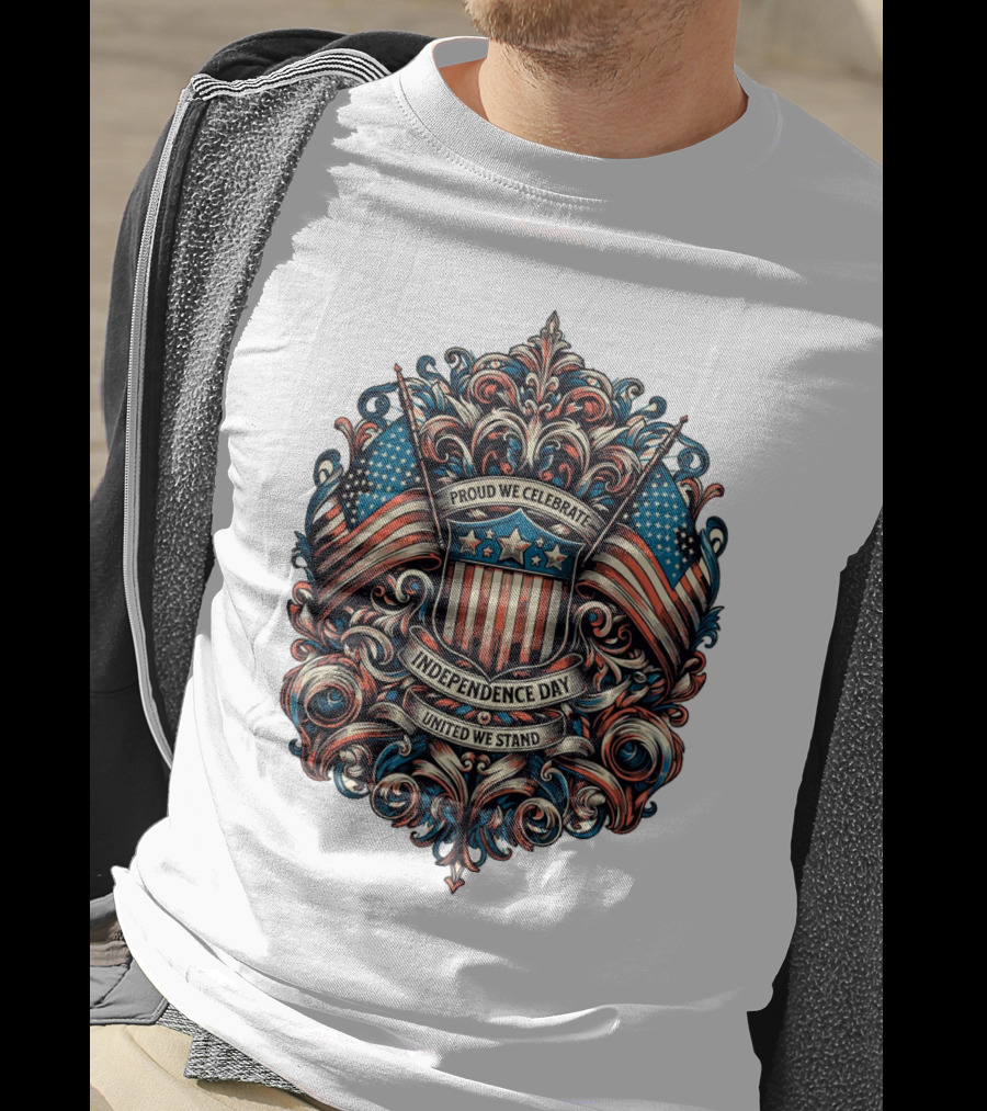 Proud We Celebrate Independence Day United We Stand American Flag Shield Ornamental T-Shirt