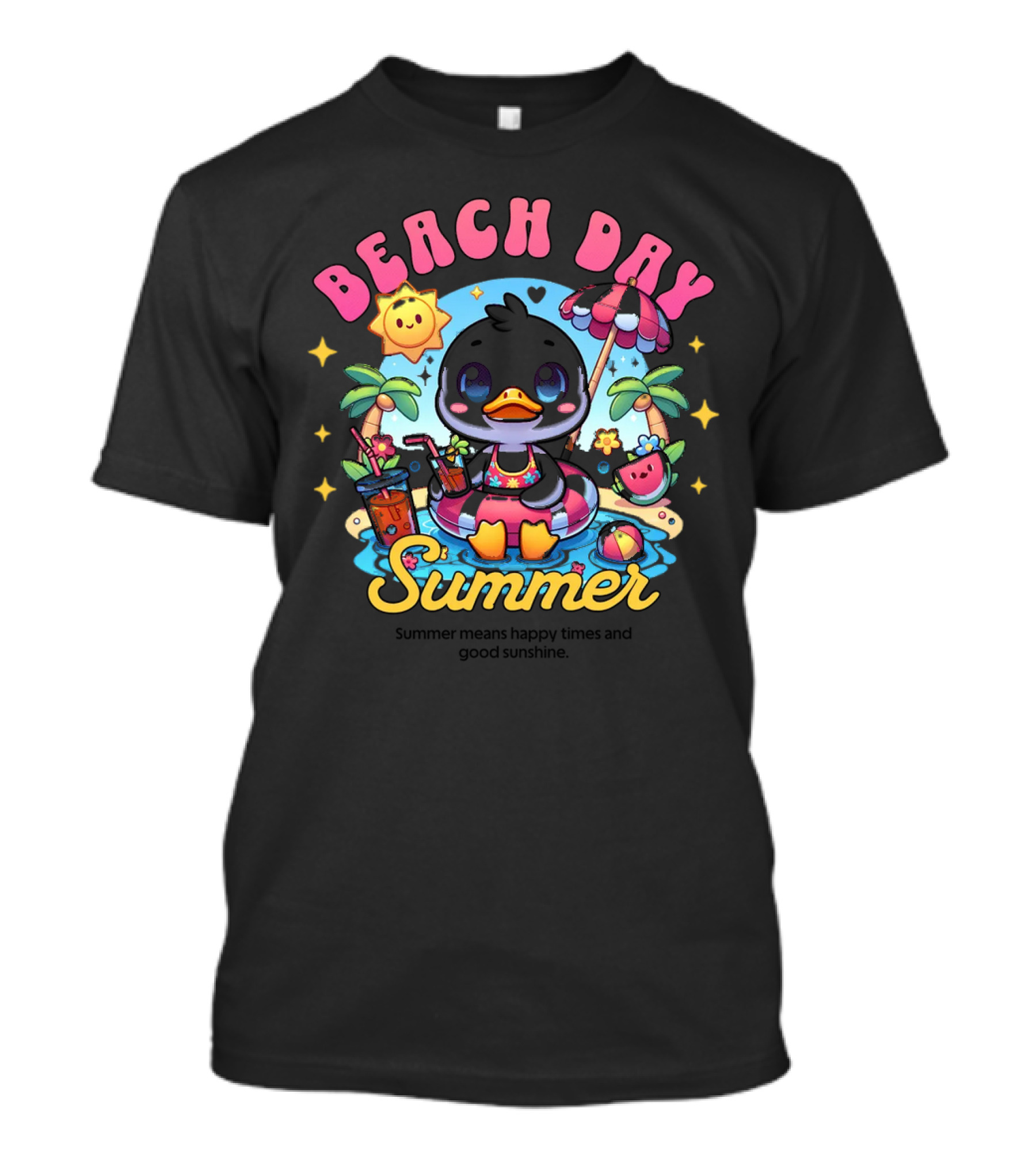 Beach Day Summer Happy Times Good Sunshine Duck In Pool With Palm Trees And Watermelon T-Shirt