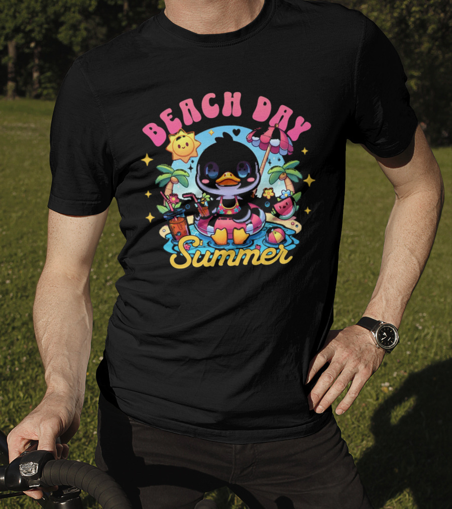 Beach Day Summer Happy Times Good Sunshine Duck In Pool With Palm Trees And Watermelon T-Shirt