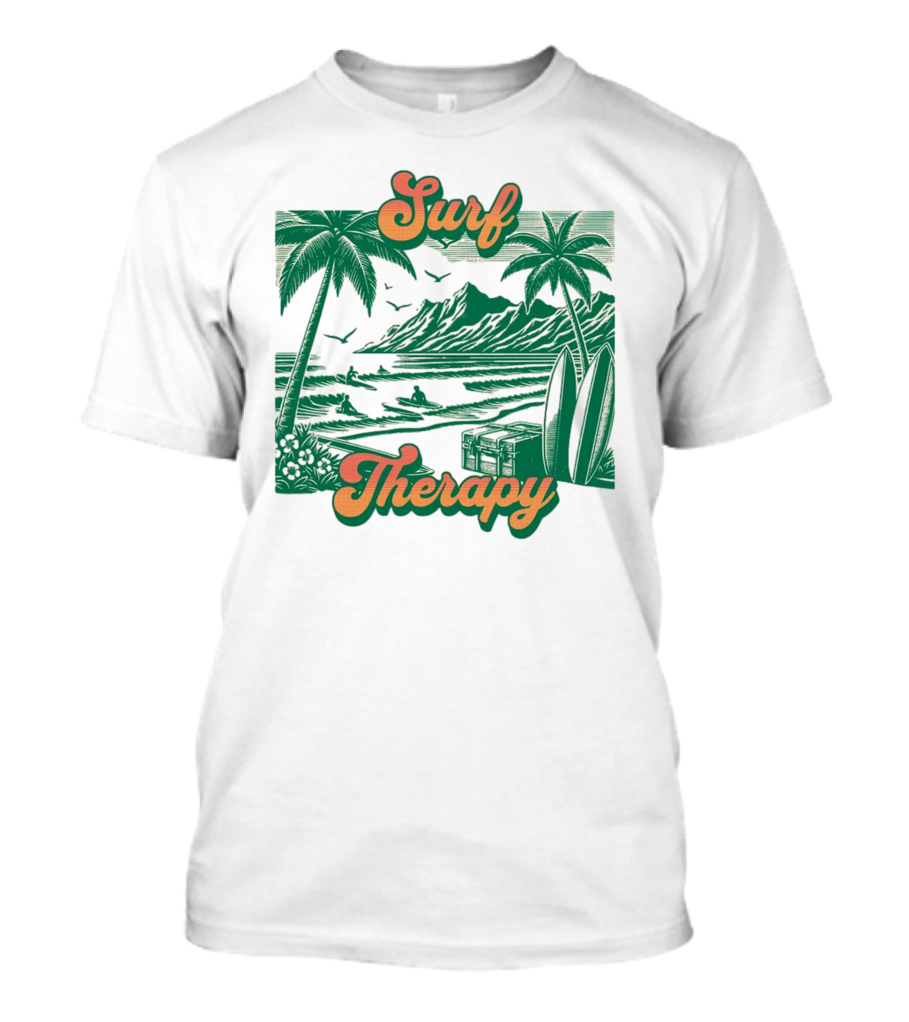 Surf Therapy Tropical Beach Scene With Palm Trees And Surfboards T-Shirt