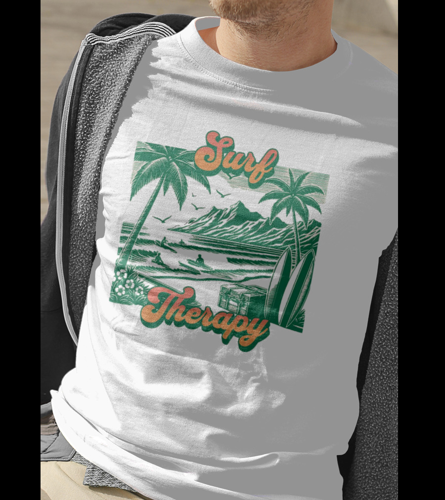 Surf Therapy Tropical Beach Scene With Palm Trees And Surfboards T-Shirt
