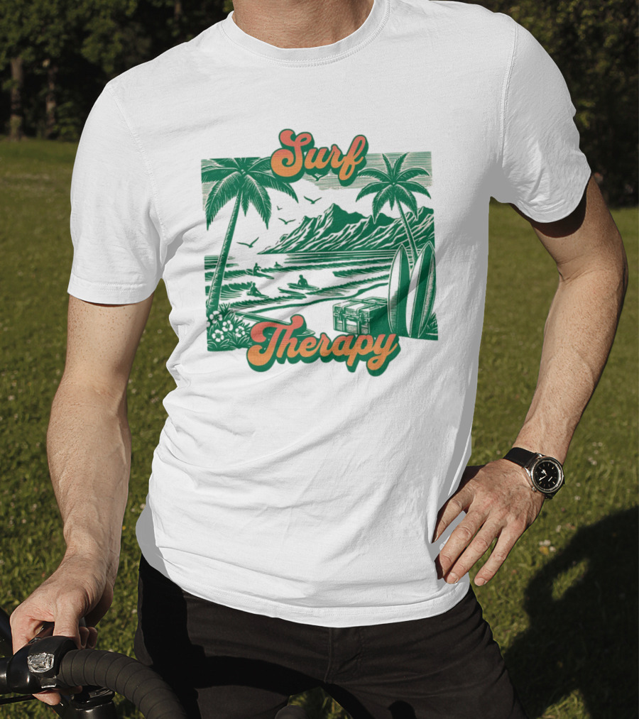 Surf Therapy Tropical Beach Scene With Palm Trees And Surfboards T-Shirt