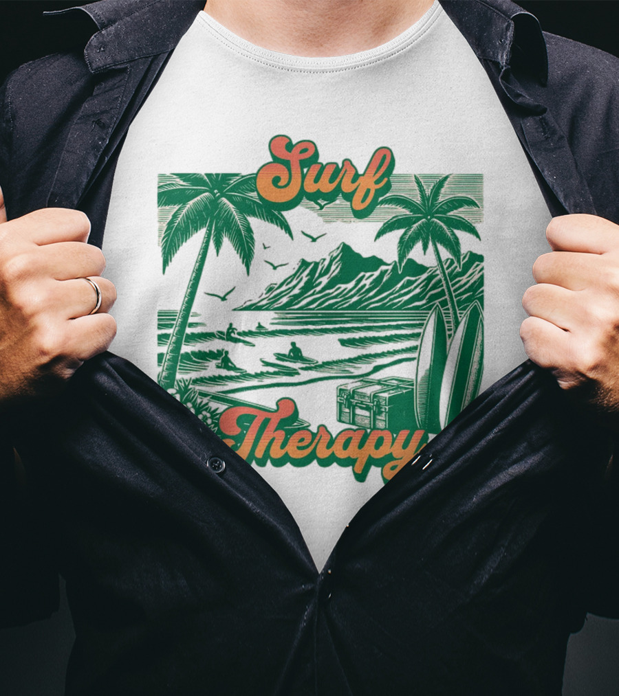Surf Therapy Tropical Beach Scene With Palm Trees And Surfboards T-Shirt