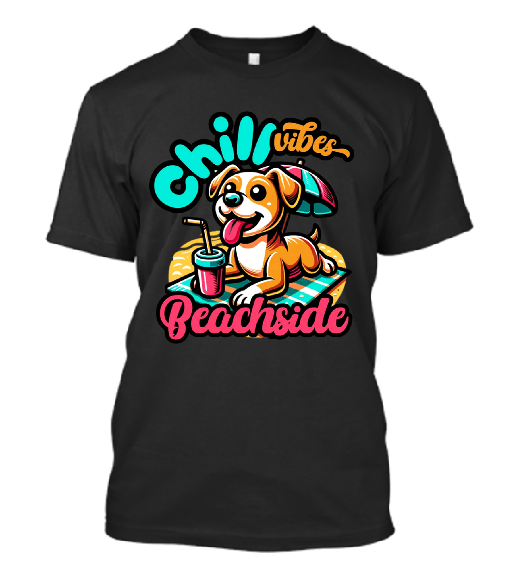 Chill Vibes Beachside Relaxing Dog With Umbrella And Drink T-Shirt