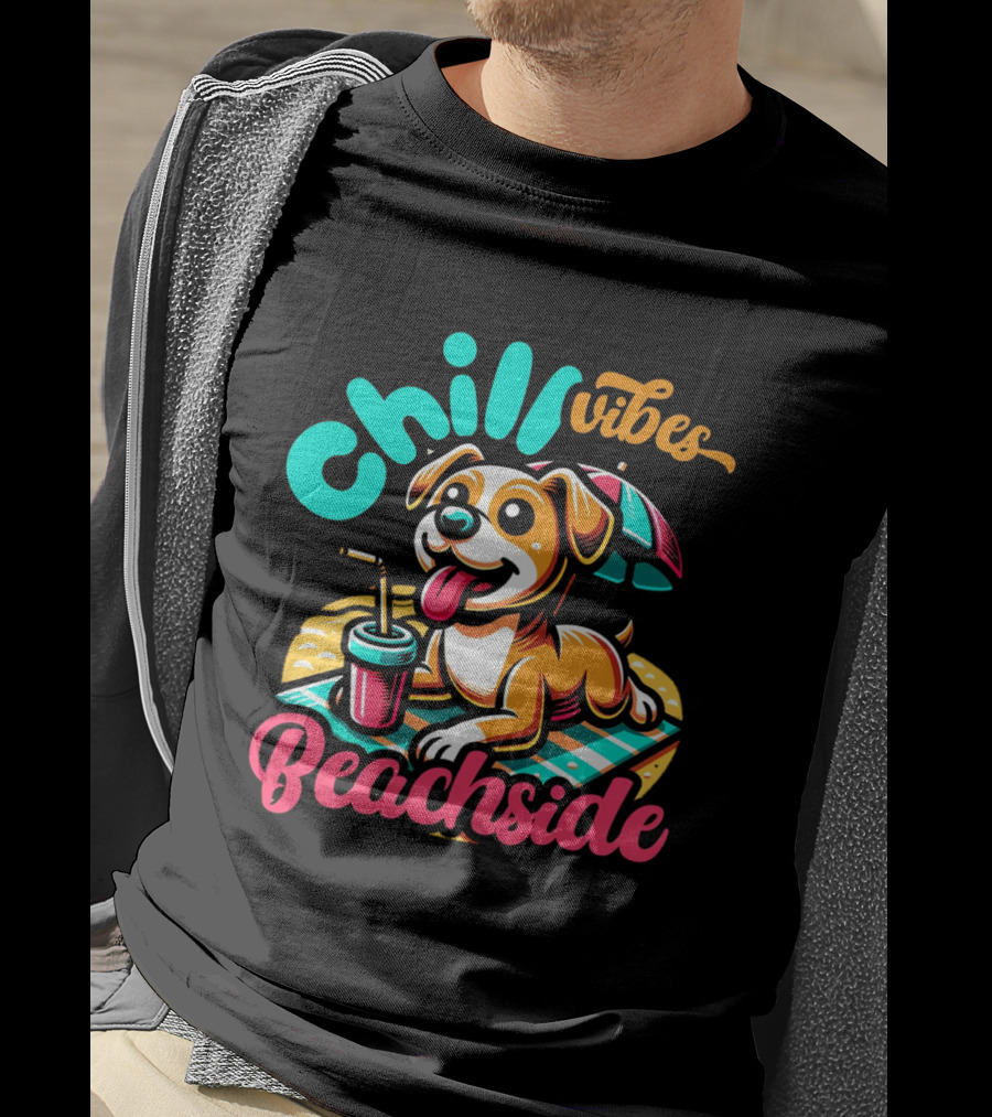 Chill Vibes Beachside Relaxing Dog With Umbrella And Drink T-Shirt