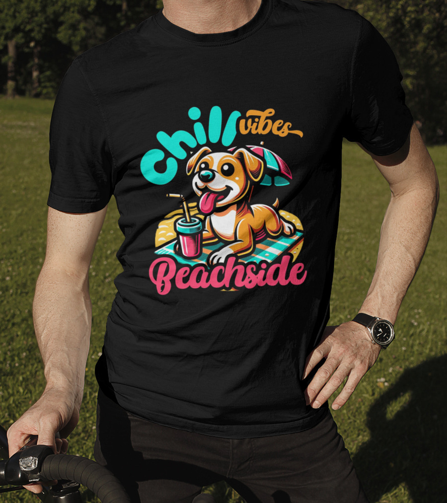Chill Vibes Beachside Relaxing Dog With Umbrella And Drink T-Shirt