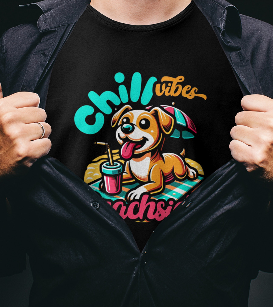 Chill Vibes Beachside Relaxing Dog With Umbrella And Drink T-Shirt