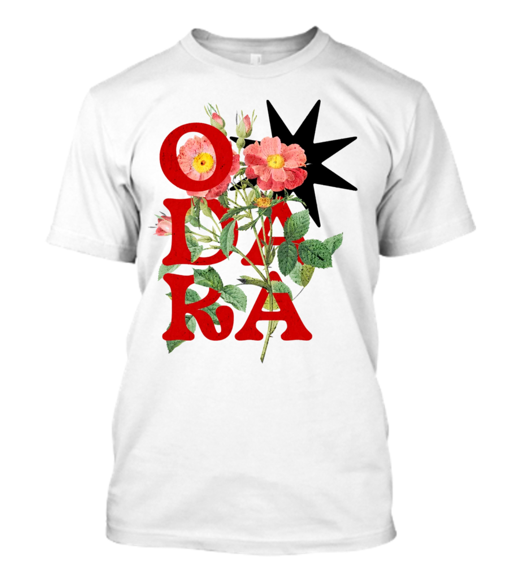 ODARA Bold Floral Art With Red Letters And Pink Flowers T-Shirt