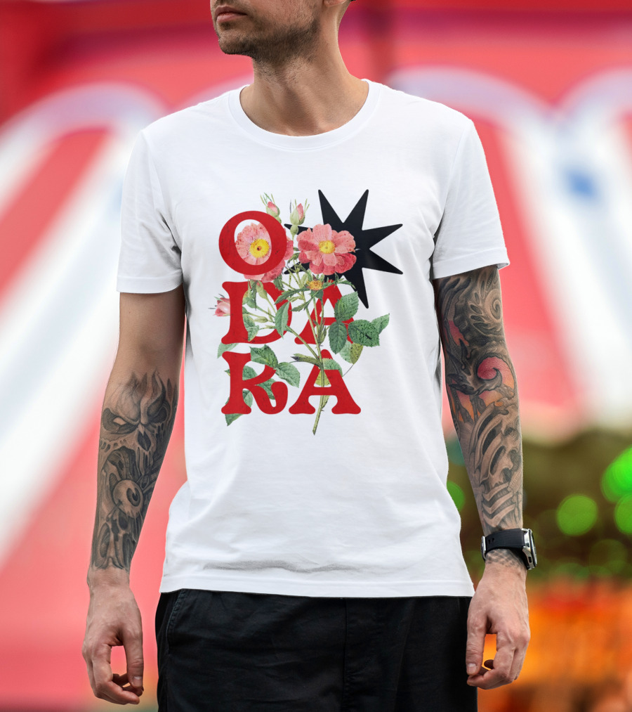 ODARA Bold Floral Art with Red Letters and Pink Flowers T-Shirt