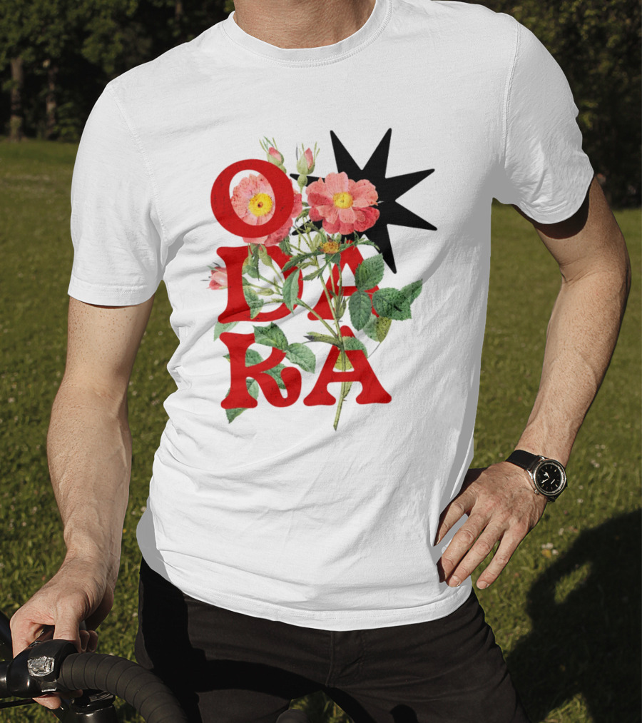 ODARA Bold Floral Art With Red Letters And Pink Flowers T-Shirt