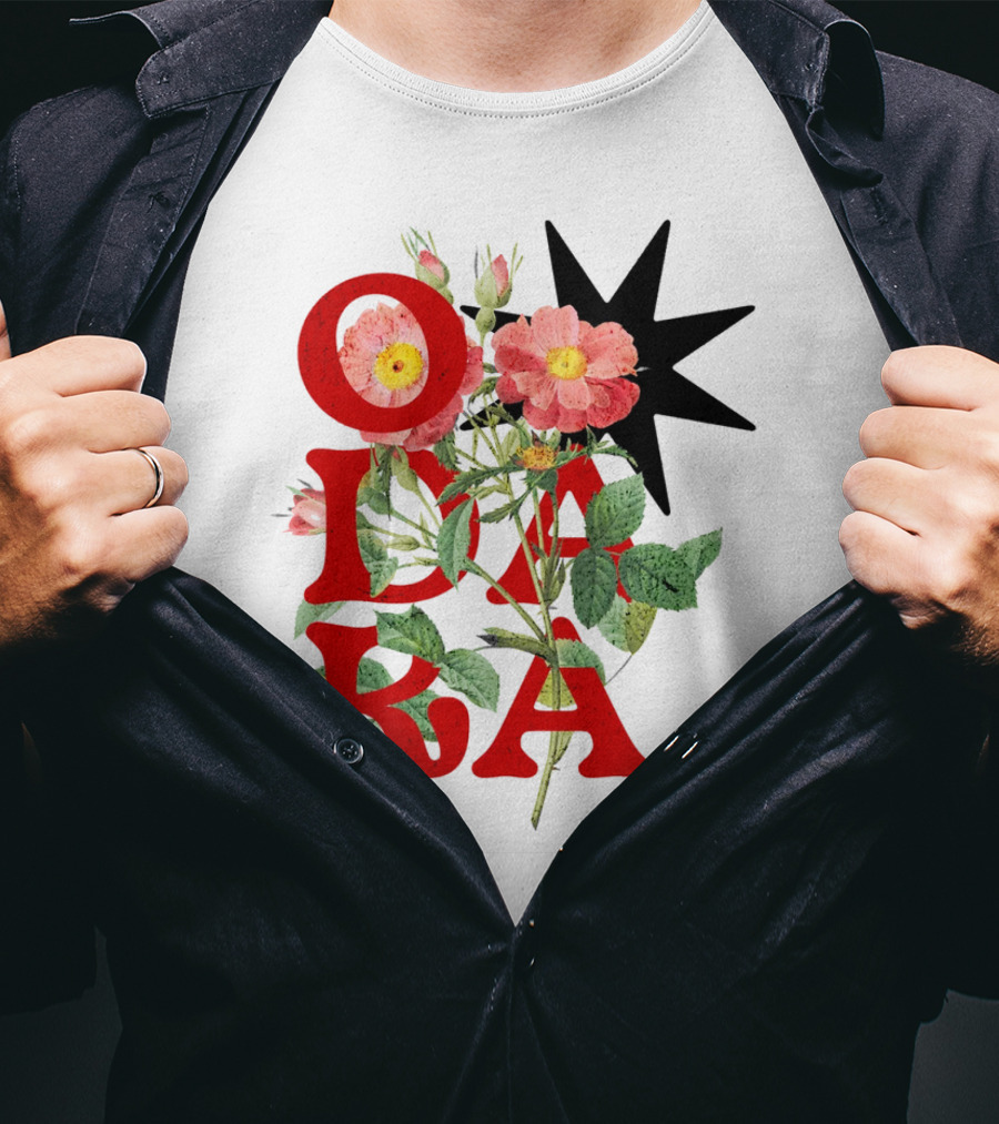 ODARA Bold Floral Art With Red Letters And Pink Flowers T-Shirt