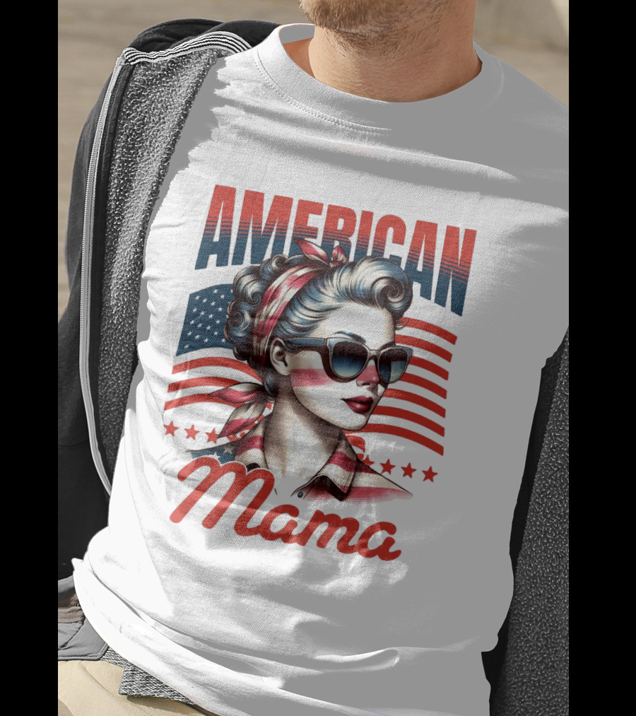 American Mama Vintage Patriotic Bandana Sunglasses Retro Flag Stars T-Shirt