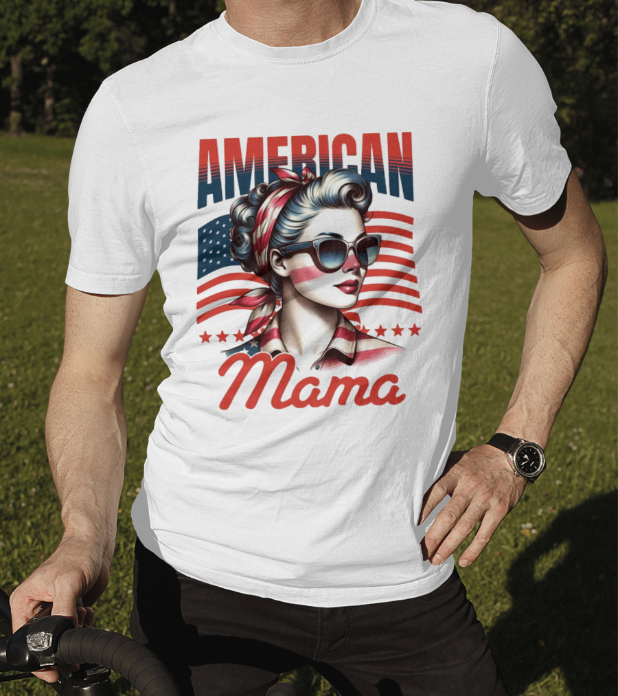 American Mama Vintage Patriotic Bandana Sunglasses Retro Flag Stars T-Shirt