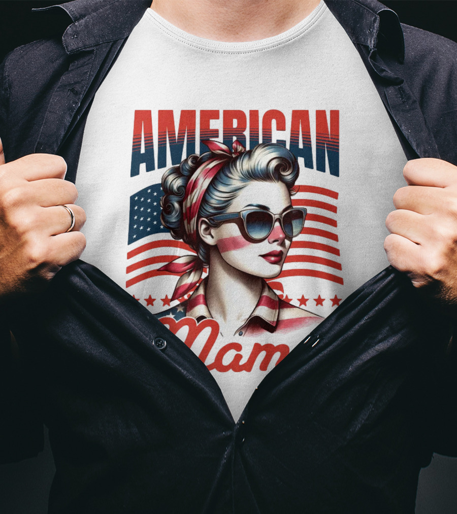 American Mama Vintage Patriotic Bandana Sunglasses Retro Flag Stars T-Shirt