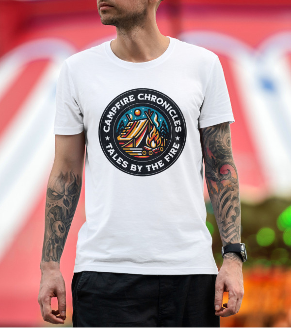 Premium T-Shirt: Campfire Chronicles Tales by the Fire Moonlit Tent and Bonfire Scene T-Shirt Campfire Chronicles Tales by the Fire Moonlit Tent and Bonfire Scene T-Shirt
