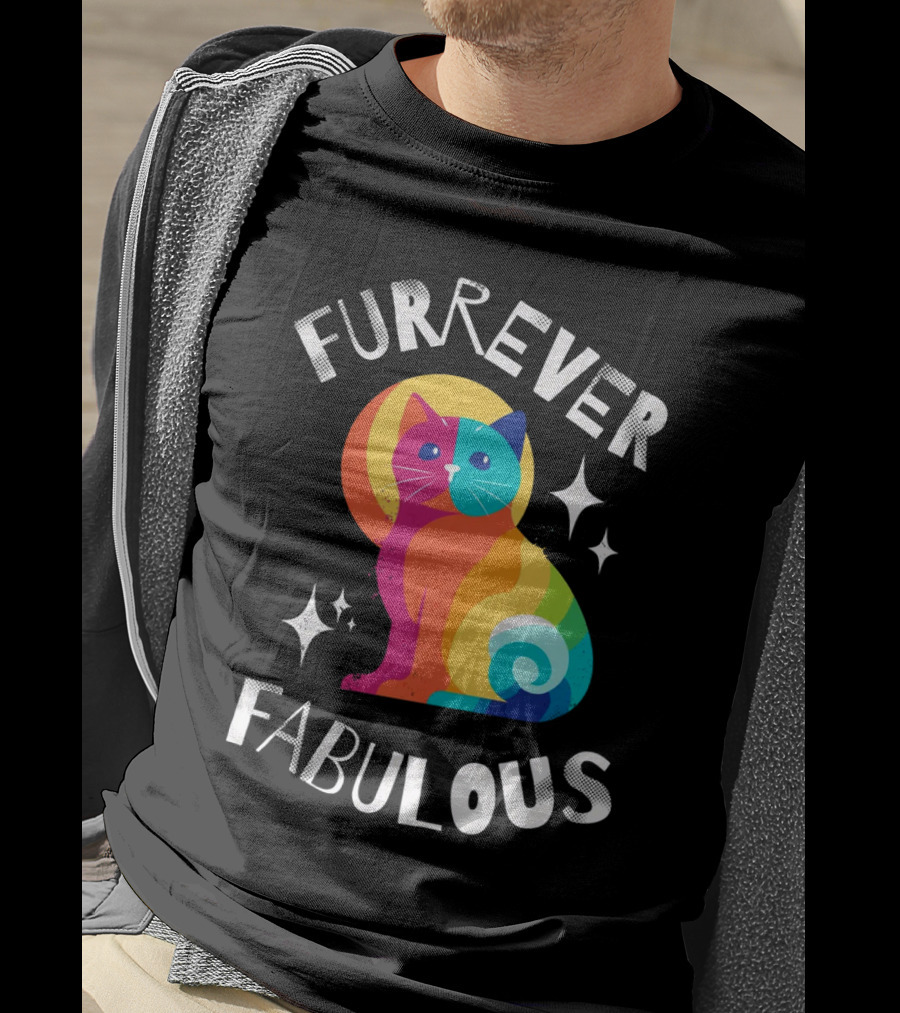 Furrever Fabulous Rainbow Cat With Stars T-Shirt