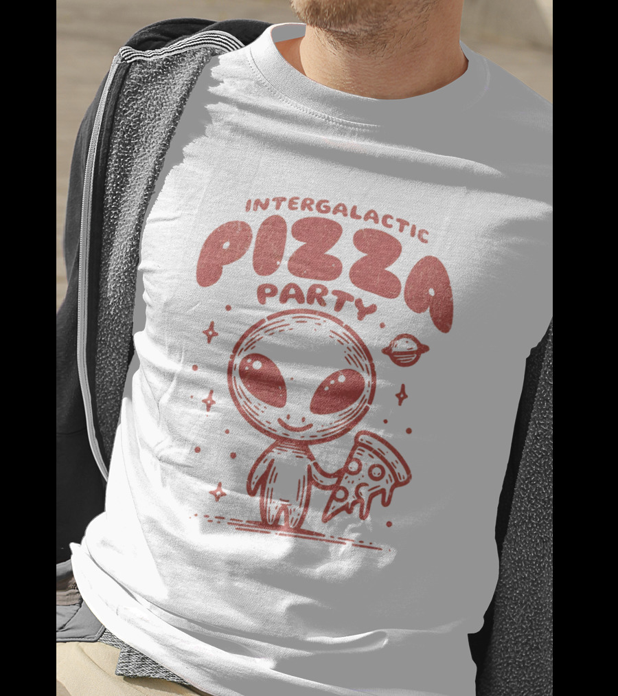 Intergalactic Pizza Party Alien Holding Pizza With Stars And Planet T-Shirt