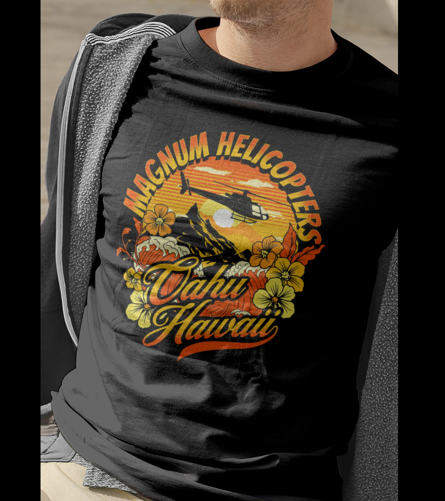 Magnum Helicopters Oahu Hawaii Helicopter Scenic Sunset Tropical Flowers T-Shirt