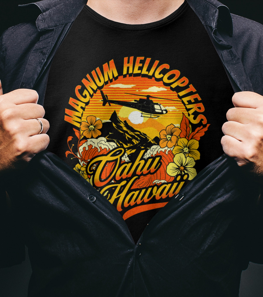 Magnum Helicopters Oahu Hawaii Helicopter Scenic Sunset Tropical Flowers T-Shirt