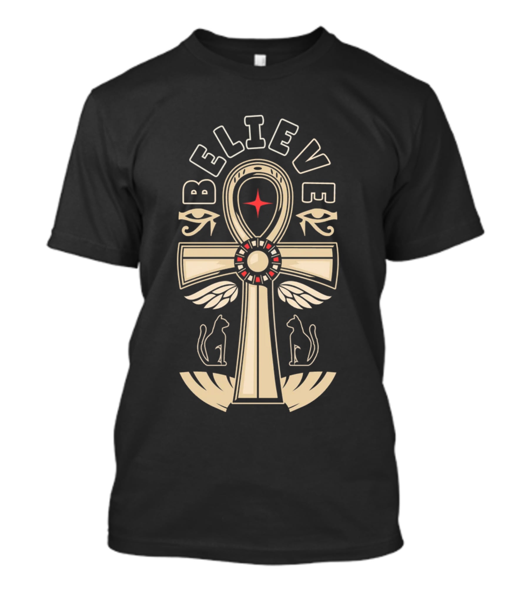 Believe Faith Ankh Symbol With Cats And Wings T-Shirt