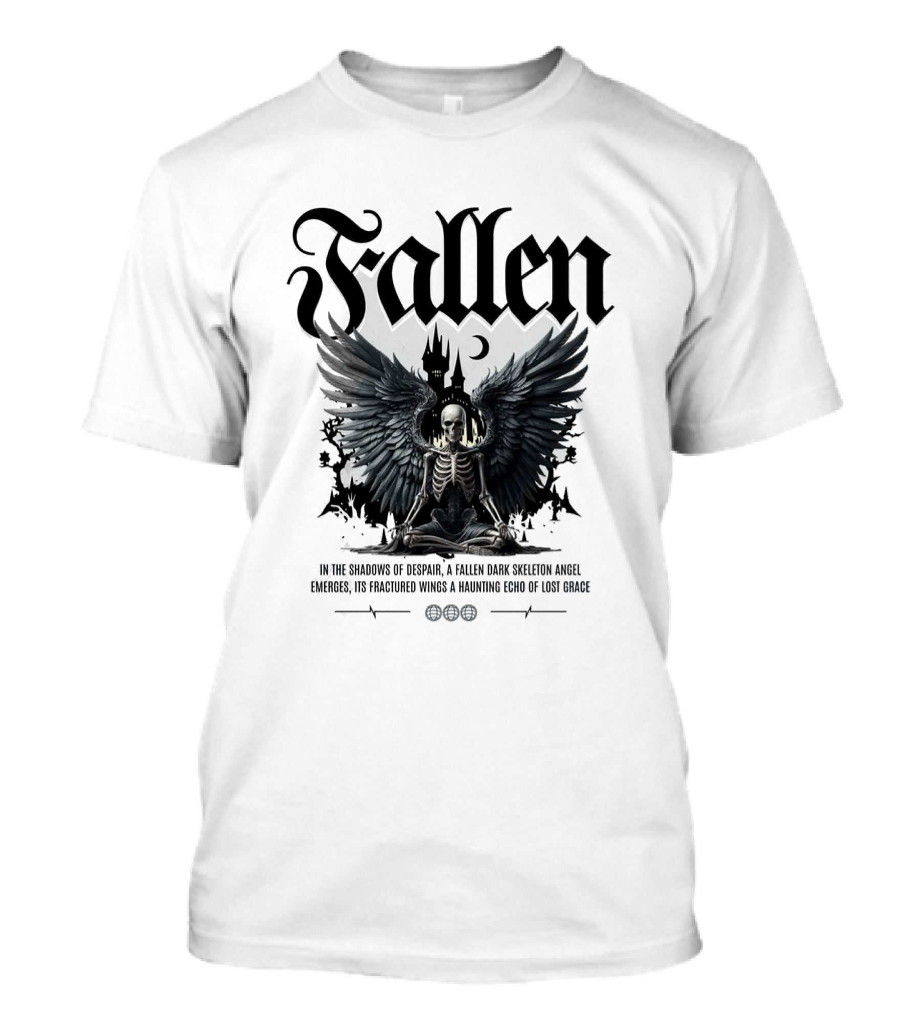 Fallen Dark Skeleton Angel With Fractured Wings And Gothic Castle T-Shirt