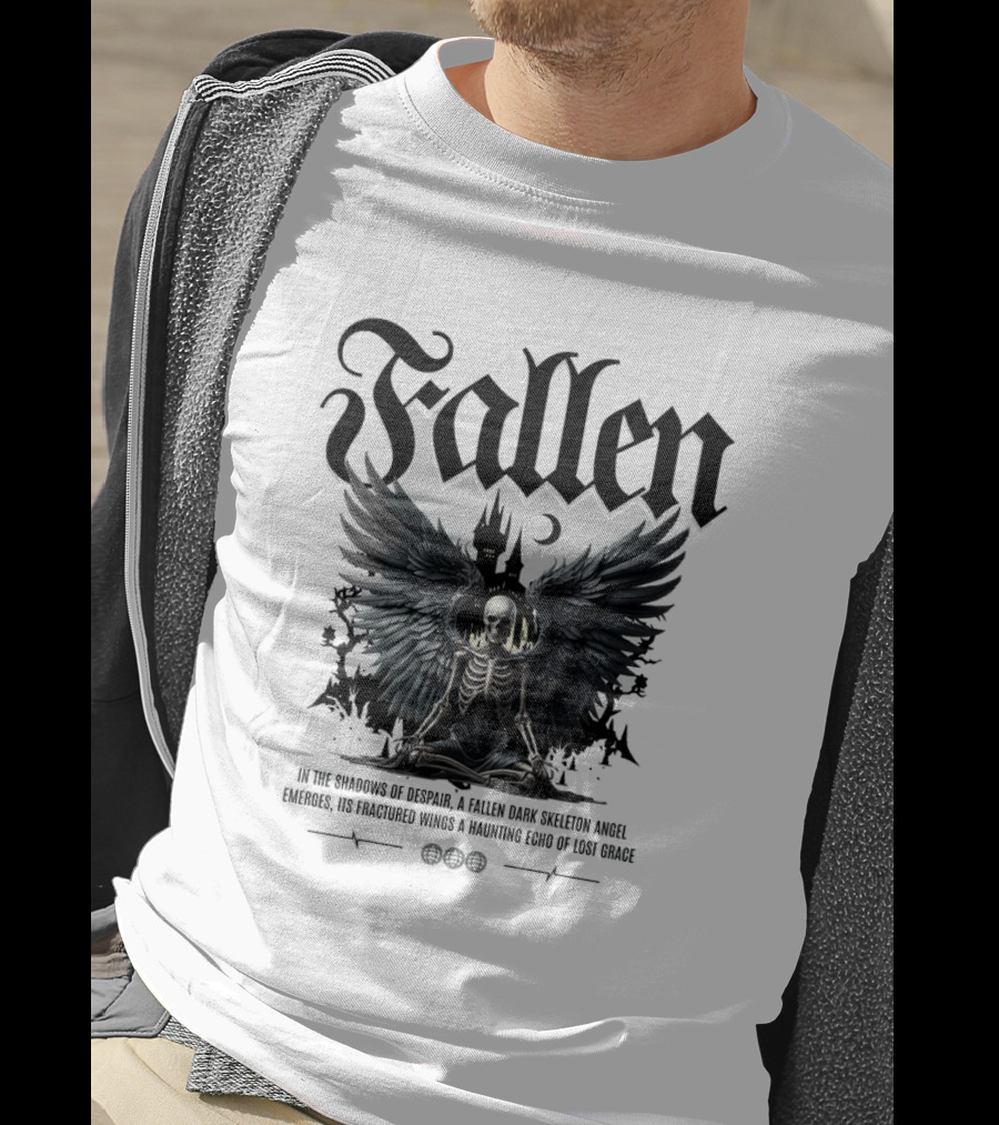 Fallen Dark Skeleton Angel With Fractured Wings And Gothic Castle T-Shirt