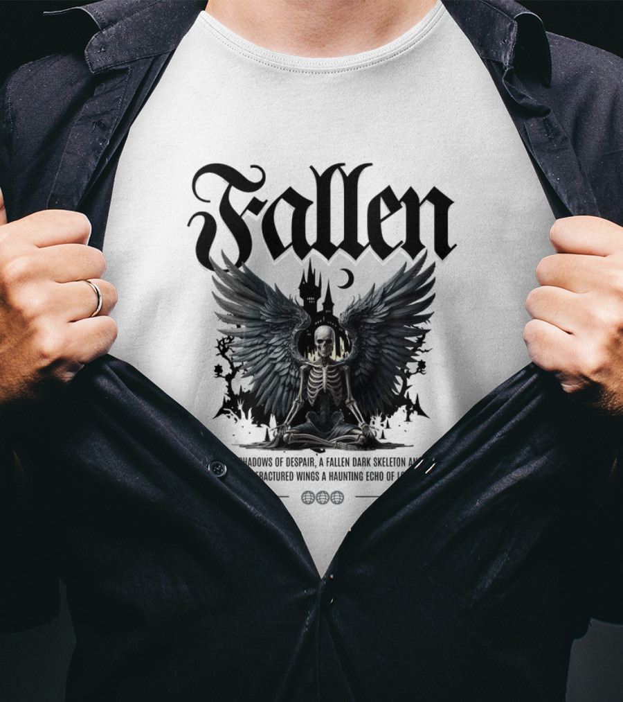 Fallen Dark Skeleton Angel With Fractured Wings And Gothic Castle T-Shirt