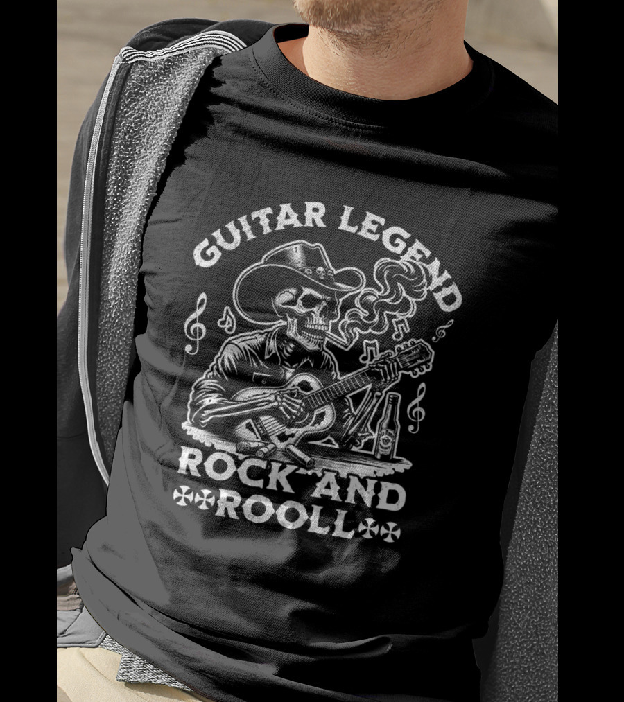Guitar Legend Rock And Roll Skeleton Cowboy Playing Guitar With Smoking And Musical Notes T-Shirt