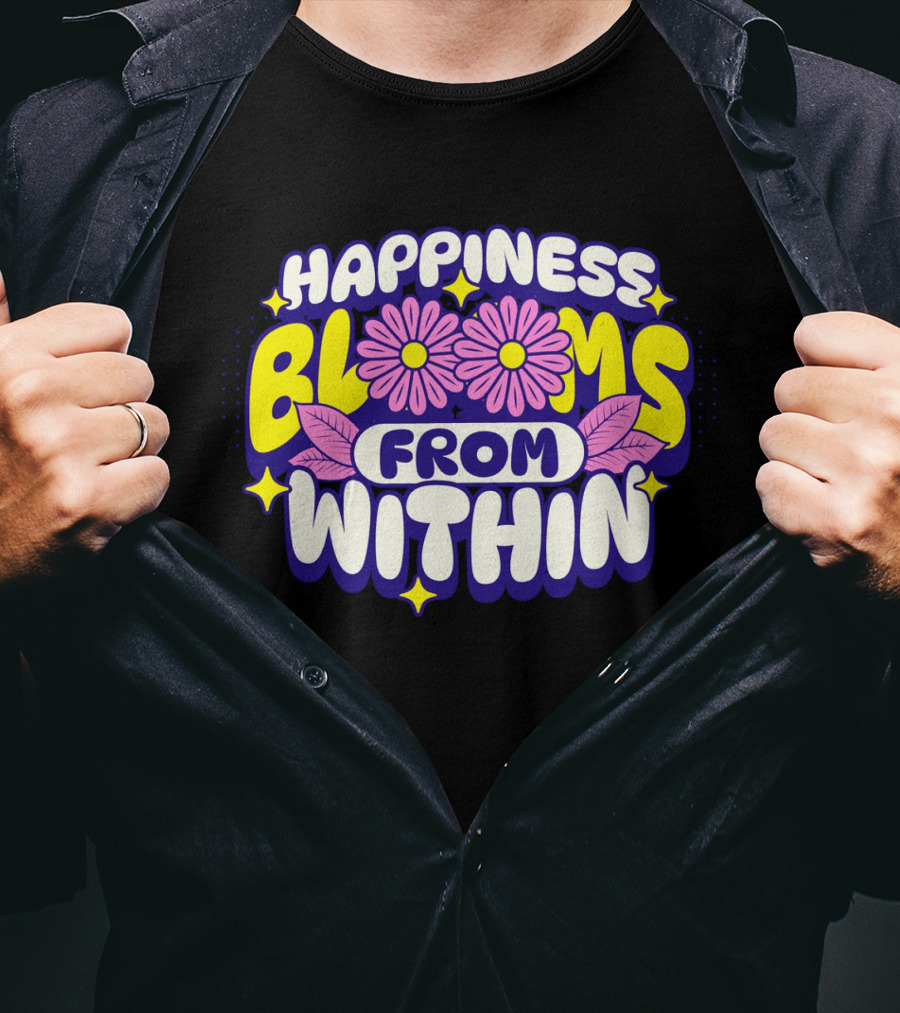 Happiness Blooms From Within With Pink Flowers And Yellow Stars T-Shirt