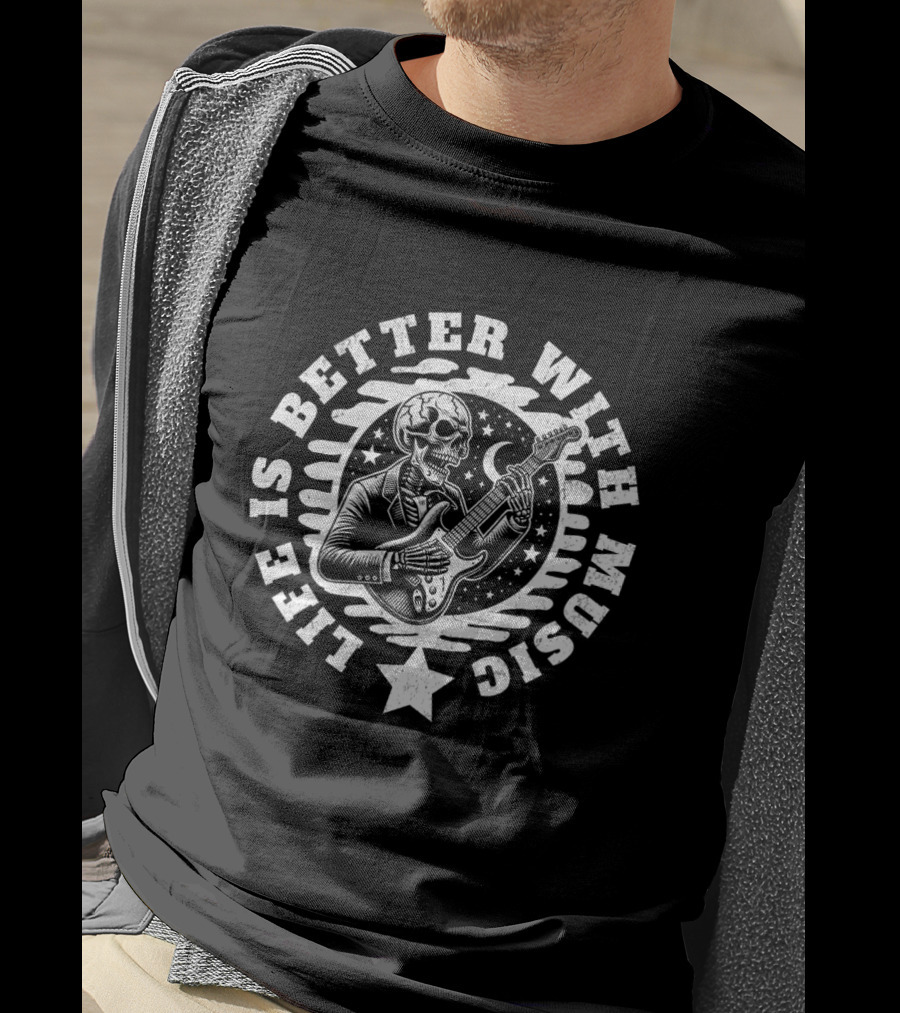 Life Is Better With Music Skeleton Guitar Moon And Stars T-Shirt