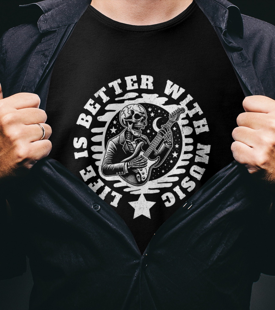 Life Is Better With Music Skeleton Guitar Moon And Stars T-Shirt