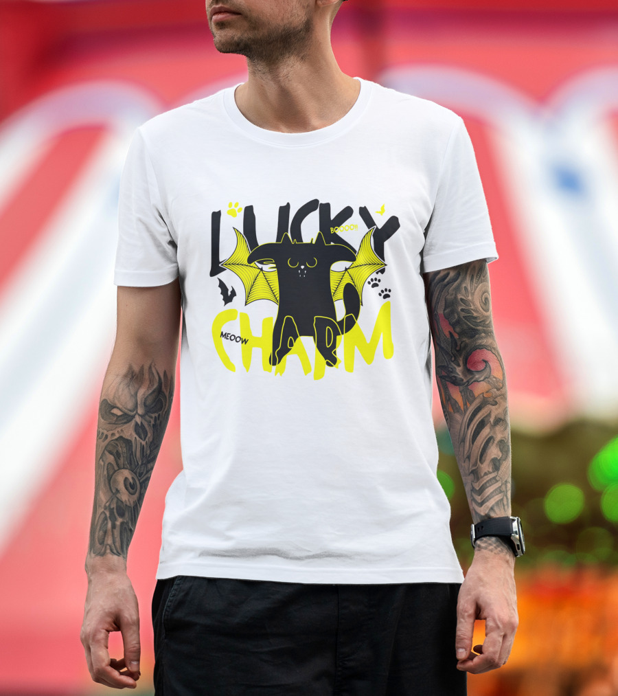 LUCKY CHARM Meow Boooo Bat Wings Cat Paw Prints T-Shirt