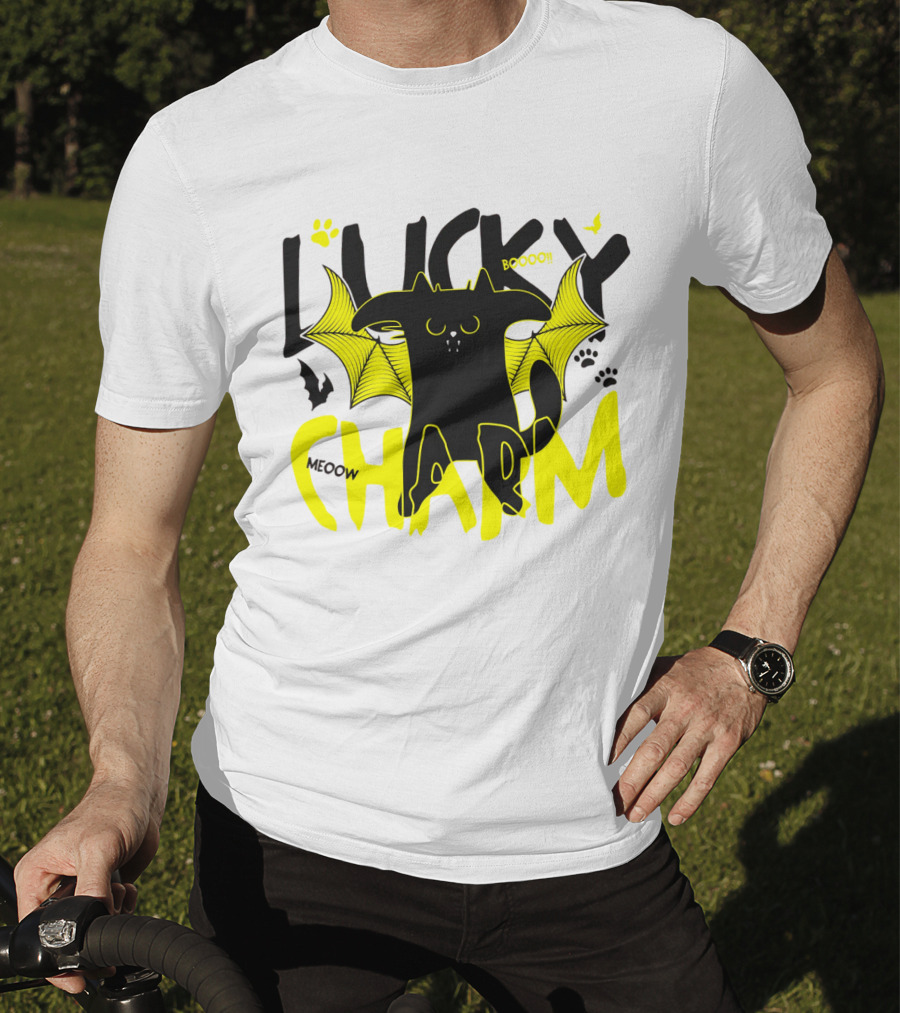 LUCKY CHARM Meow Boooo Bat Wings Cat Paw Prints T-Shirt