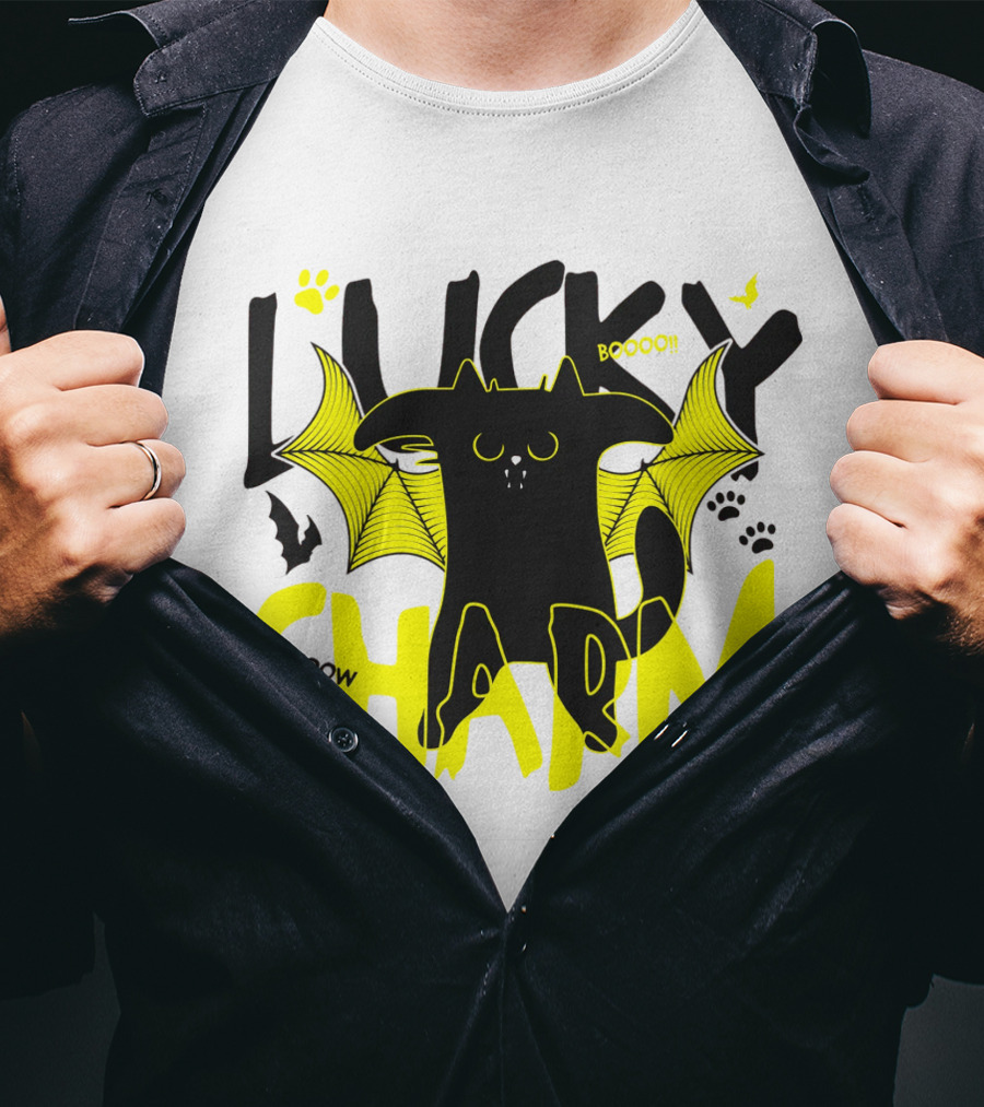 LUCKY CHARM Meow Boooo Bat Wings Cat Paw Prints T-Shirt