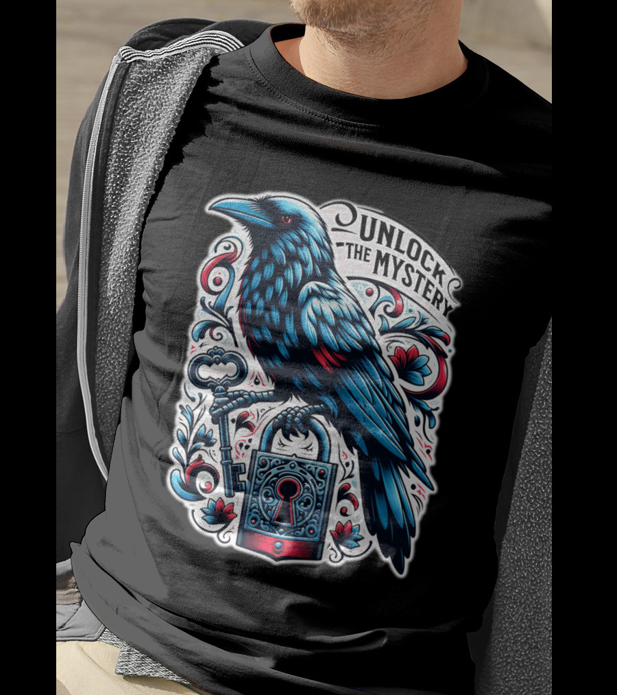 Unlock The Mystery Raven Holding Key And Lock With Ornate Floral T-Shirt