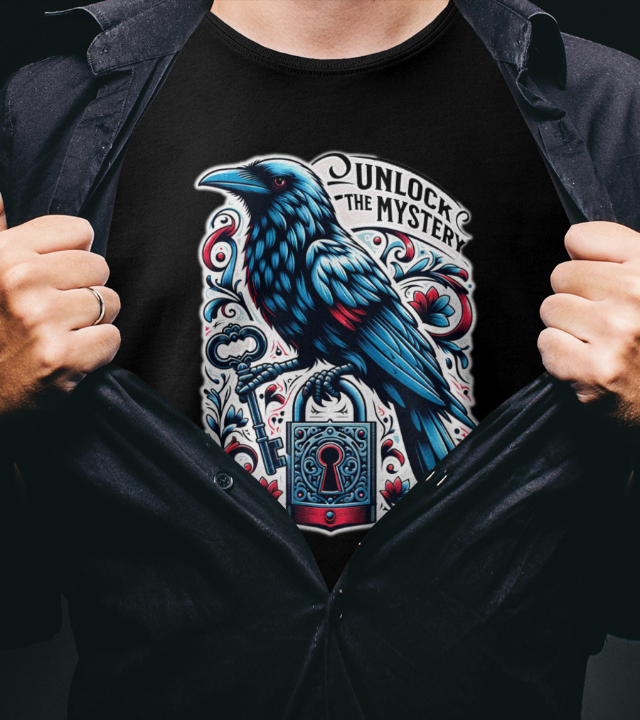 Unlock The Mystery Raven Holding Key And Lock With Ornate Floral T-Shirt