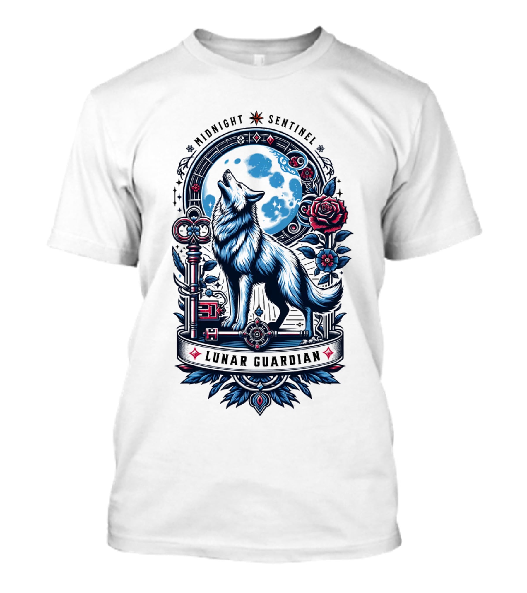 Midnight Sentinel Lunar Guardian Key And Roses Howling Wolf Moon T-Shirt