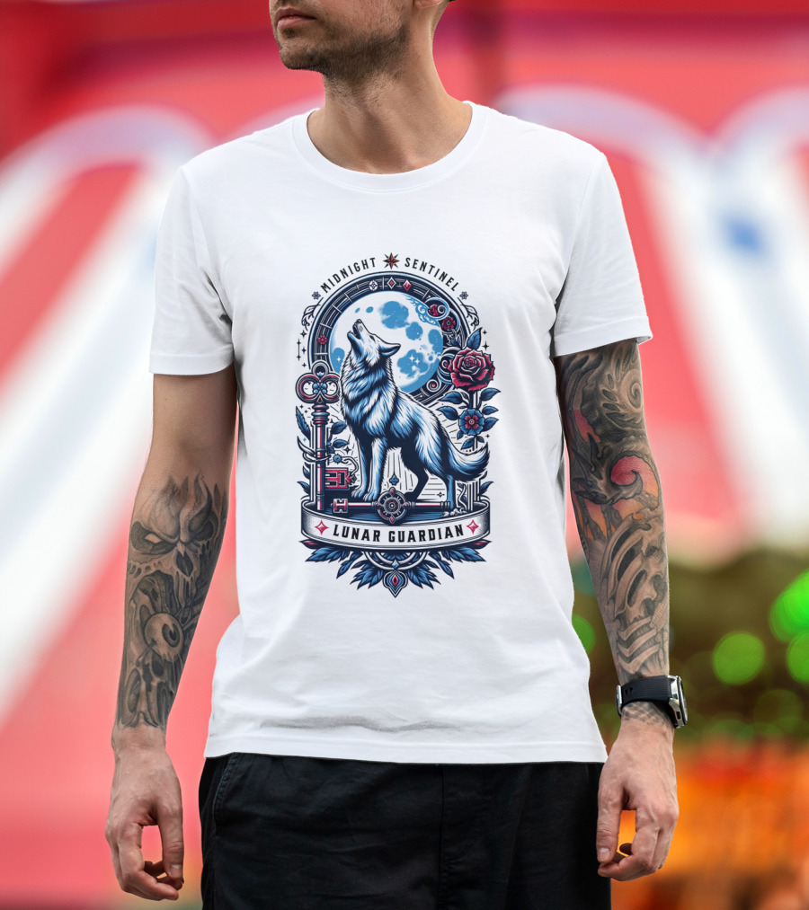 Midnight Sentinel Lunar Guardian Key and Roses Howling Wolf Moon T-Shirt
