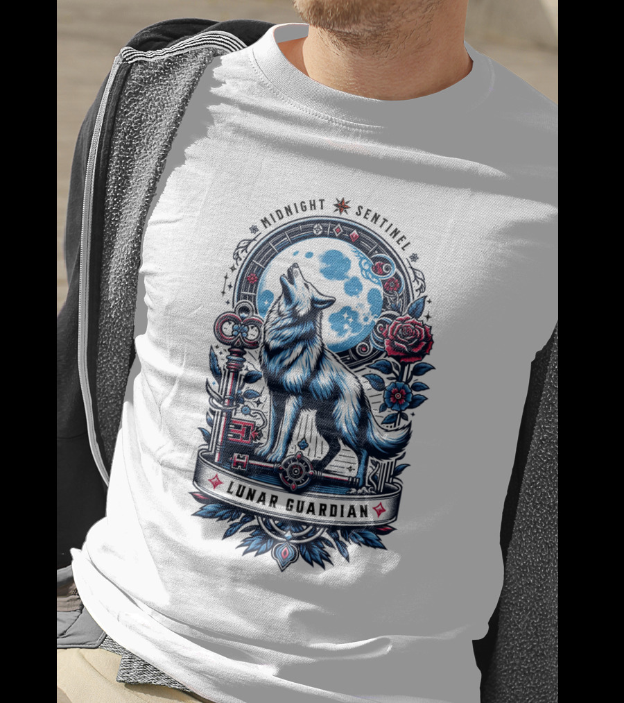 Midnight Sentinel Lunar Guardian Key And Roses Howling Wolf Moon T-Shirt
