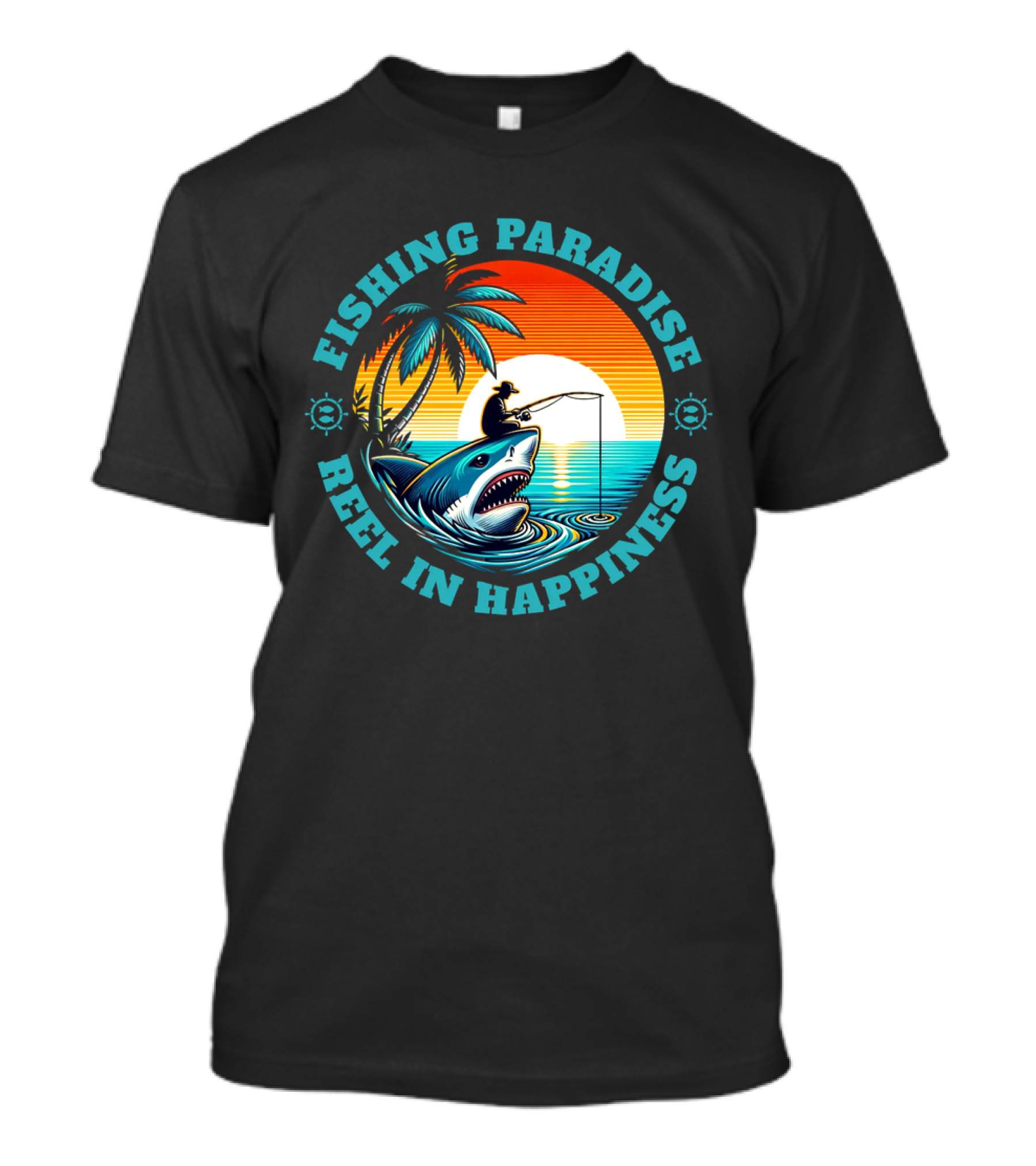 Fishing Paradise Reel In Happiness Sunset Shark Adventure T-Shirt